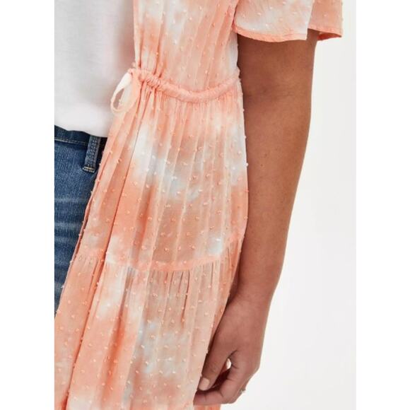Torrid Kimono 2X Tie Dye Clip Dot Tiered Tie Front Short Sleeve Cover Up Peach - Picture 3 of 13